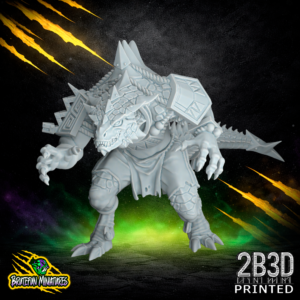 A 32mm resin Saurus 05 miniature from BruteFun Miniatures with an open helmet design. Professionally printed by 2B3D, the model shows aggressive reptilian facial details and thick scale textures in a powerful tabletop gaming pose.