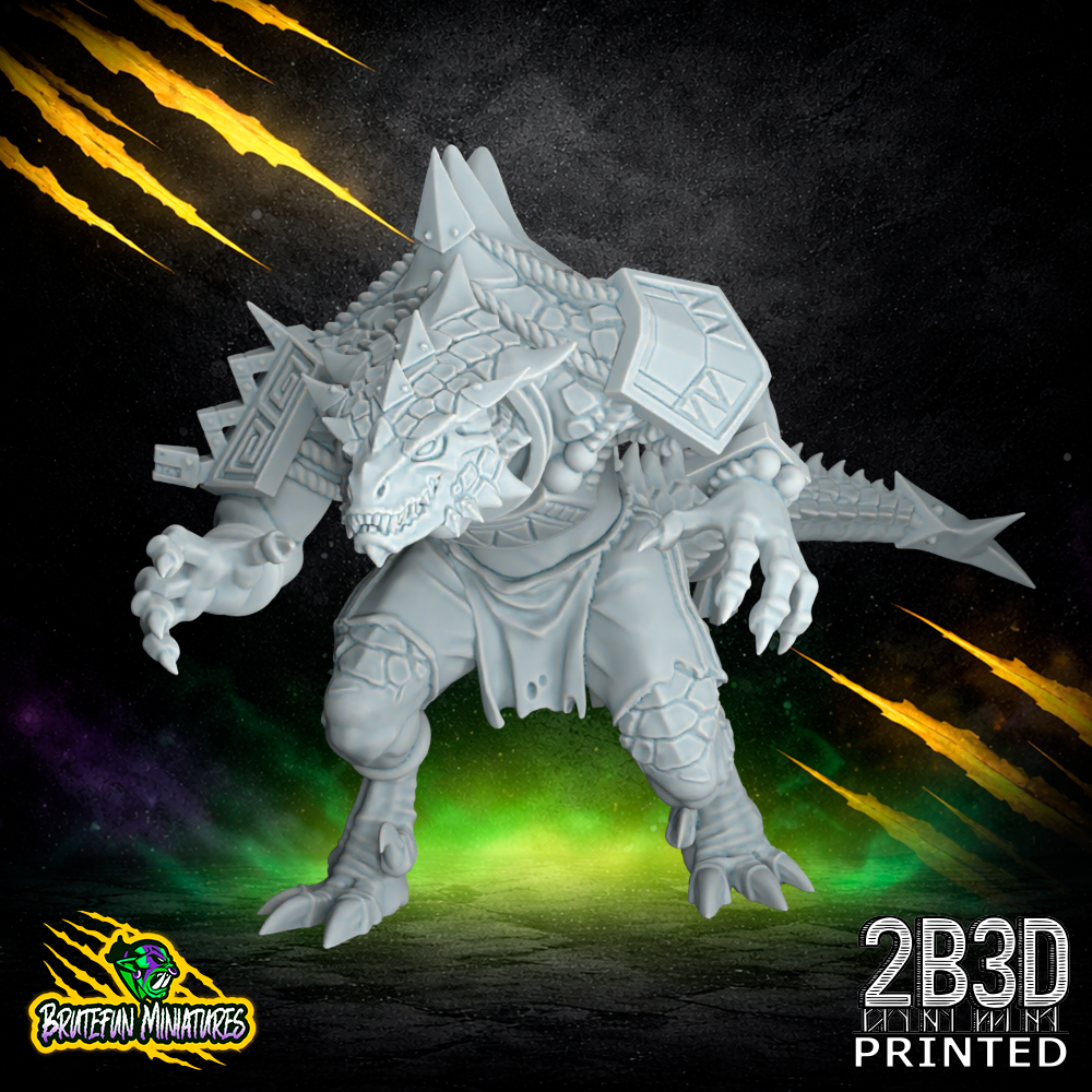 A 32mm resin Saurus 05 miniature from BruteFun Miniatures with an open helmet design. Professionally printed by 2B3D, the model shows aggressive reptilian facial details and thick scale textures in a powerful tabletop gaming pose.