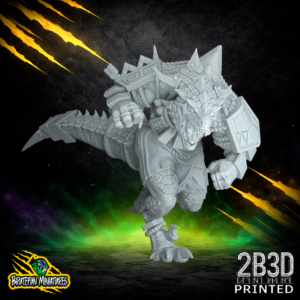 A 32mm high-detail resin Saurus 06 miniature with an open helmet variation, revealing fierce reptilian eyes and sharp teeth. Printed by 2B3D and designed by BruteFun Miniatures for tabletop wargaming.