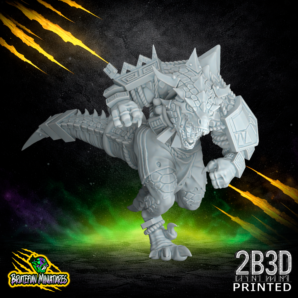 A 32mm high-detail resin Saurus 06 miniature with an open helmet variation, revealing fierce reptilian eyes and sharp teeth. Printed by 2B3D and designed by BruteFun Miniatures for tabletop wargaming.