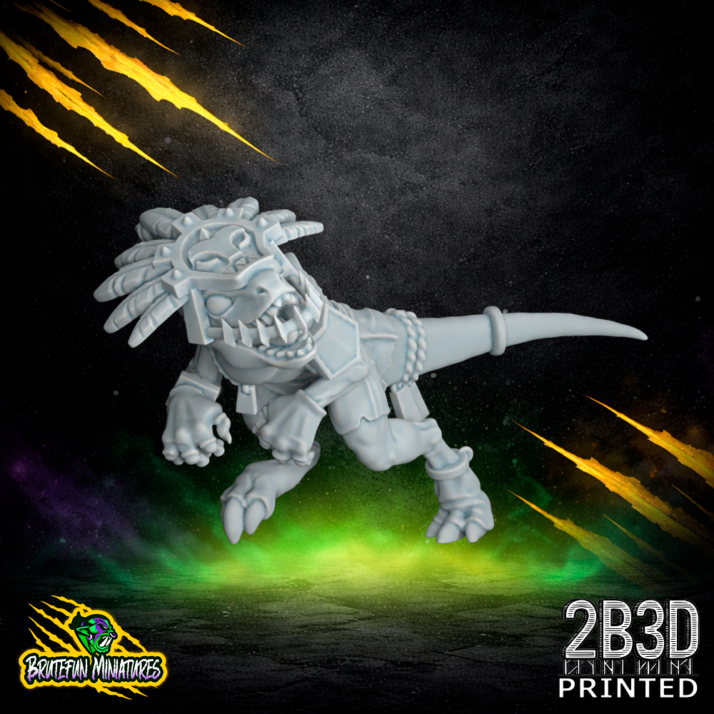 A 32mm high-detail resin Skink 01 miniature from the Lizardmen Team by BruteFun Miniatures, printed by 2B3D. The agile reptilian player is wearing a feathered headdress and captured in a dynamic running pose for fantasy football.