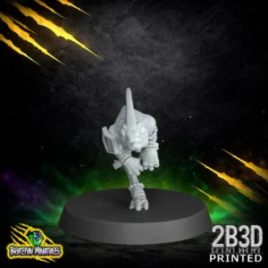 A 360 view of the Skink 02 resin miniature. Sculpted by BruteFun Miniatures and printed by 2B3D, featuring a 32mm scale athlete with fine reptilian textures and a nimble sprinting posture.