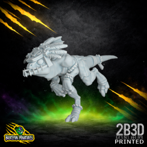 A 32mm resin Skink 02 miniature featuring a feathered headdress variation. This fantasy football runner by BruteFun Miniatures is captured in a fast-paced athletic stance, printed by 2B3D.