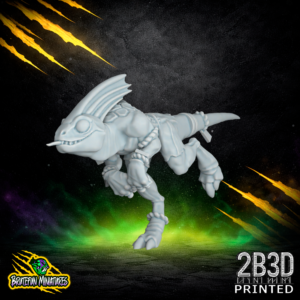 A 32mm scale resin Skink 02 miniature without feathers. Sculpted by BruteFun Miniatures and printed by 2B3D, showcasing the sleek, aerodynamic profile of the reptilian runner.
