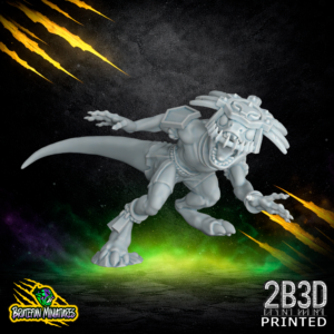 A 32mm scale resin Skink 03 miniature featuring a feathered headdress variation. This agile fantasy football runner by BruteFun Miniatures is professionally printed by 2B3D in high-detail resin.