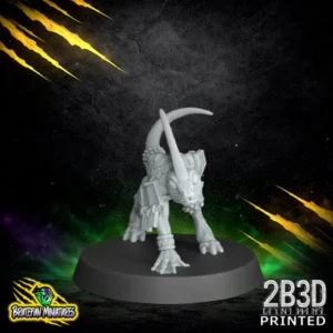 A 32mm high-detail resin Skink 04 miniature from the Lizardmen Team by BruteFun Miniatures, printed by 2B3D. The agile reptile is captured in a dynamic athletic pose with intricate scale textures and small geometric shoulder armor.