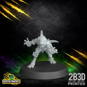 A front-view of the Skink 05 resin miniature by BruteFun Miniatures. Printed in 32mm scale by 2B3D, featuring intricate reptilian scales, small geometric shoulder pads, and a nimble athletic posture.