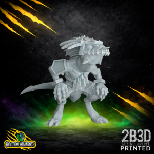 A 32mm scale resin Skink 06 miniature featuring a feathered headdress. Sculpted by BruteFun Miniatures and printed by 2B3D, this fantasy football runner is captured mid-stride with premium detail.