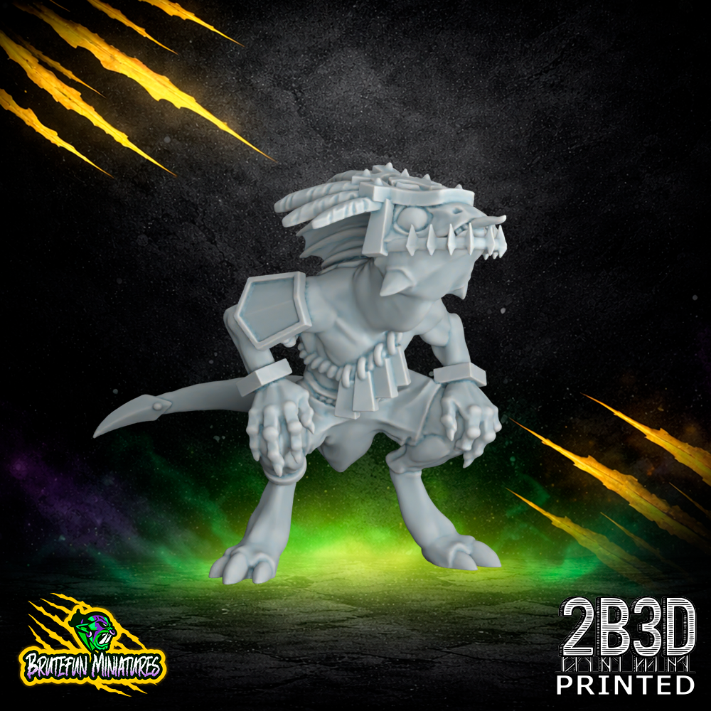 A 32mm scale resin Skink 06 miniature featuring a feathered headdress. Sculpted by BruteFun Miniatures and printed by 2B3D, this fantasy football runner is captured mid-stride with premium detail.