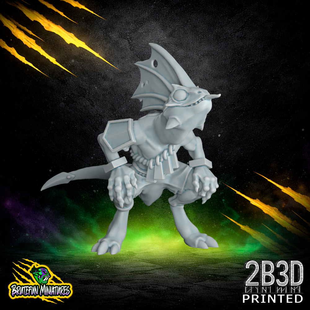 A 32mm high-detail resin Skink 06 miniature without feathers. Sculpted by BruteFun Miniatures and printed by 2B3D, showcasing a sleek, aerodynamic profile and fine scale textures.