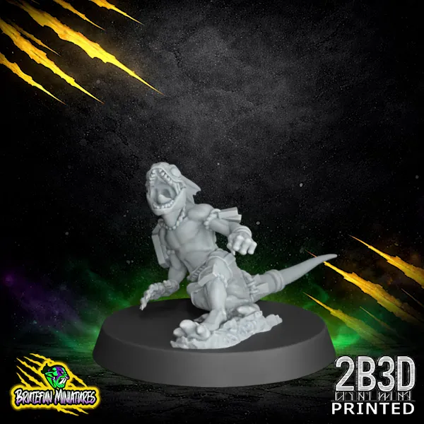 A front-facing view of the Skink 07 resin miniature by BruteFun Miniatures. Printed in 32mm scale by 2B3D, the model features high-fidelity reptilian scales, small armor plates, and a nimble athletic posture.