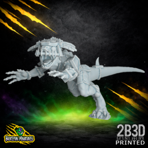 A 32mm scale resin Skink 08 miniature featuring a feathered headdress variation. This agile fantasy football runner by BruteFun Miniatures is professionally printed by 2B3D in high-detail resin.