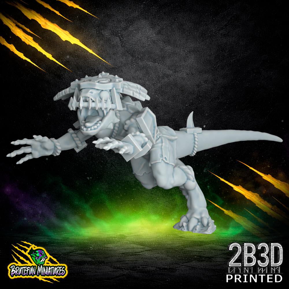 A 32mm scale resin Skink 08 miniature featuring a feathered headdress variation. This agile fantasy football runner by BruteFun Miniatures is professionally printed by 2B3D in high-detail resin.