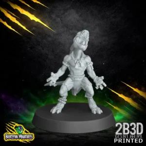 A front-view of the Skink 09 resin miniature by BruteFun Miniatures. Printed in 32mm scale by 2B3D, featuring intricate reptilian scales, small geometric shoulder pads, and a nimble athletic posture.