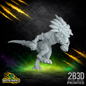 A 32mm scale resin Skink 10 miniature featuring a decorative feathered headdress variation. Sculpted by BruteFun Miniatures and printed by 2B3D, this fantasy football runner is captured in a dynamic sprinting pose.