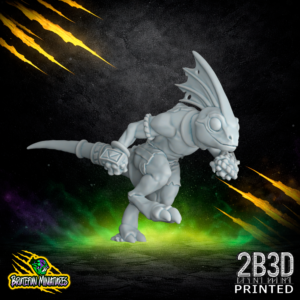 A 32mm high-detail resin Skink 10 miniature without feathers. Professionally printed by 2B3D and designed by BruteFun Miniatures, showcasing the sleek reptilian profile and athletic movement of the runner.