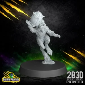 A front-view of the Skink Chameleon 01 resin miniature by BruteFun Miniatures. Printed in 32mm scale by 2B3D, featuring characteristic bulging eyes, a long curled tail, and light geometric armor.