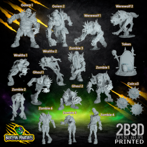 A complete fantasy football team of 32mm high-detail resin miniatures including Flesh Golems, Werewolves, Wraiths, Ghouls, and Zombies, sculpted by BruteFun Miniatures and printed by 2B3D.