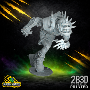 A 32mm resin Ghoul miniature in a helmeted variation, featuring spiked shoulder pads and a protective cage mask, sculpted by BruteFun Miniatures and printed by 2B3D.