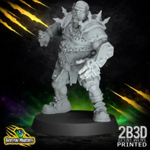 A 32mm high-detail resin Flesh Golem miniature for fantasy football, featuring a powerful hulking physique with chains wrapped around the torso and spiked plate armor, sculpted by BruteFun Miniatures and printed by 2B3D.