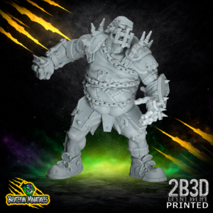 A 32mm resin Flesh Golem miniature in a helmeted variation, featuring a heavy reinforced metal cage mask, spiked shoulder pads, and stitched flesh details, sculpted by BruteFun Miniatures and printed by 2B3D.