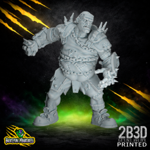 A 32mm high-detail resin Flesh Golem miniature without a helmet, showing a flat-topped head with staples and a fierce expression, sculpted by BruteFun Miniatures and printed by 2B3D.