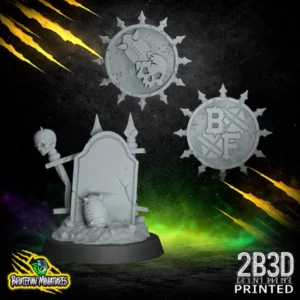 A high-detail resin Turn Marker for fantasy football, featuring a central brain design held by skeletal hands and flanked by two skulls, sculpted by BruteFun Miniatures and printed by 2B3D.