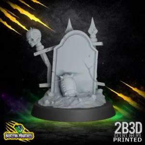 A circular resin game marker base with a tombstone silhouette and riveted border, featuring a blank central space for custom painting, sculpted by BruteFun Miniatures and printed by 2B3D.