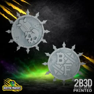 A resin game marker featuring a central coffin design with ornate detailing and a cross, sculpted by BruteFun Miniatures and printed by 2B3D for the Necromancer's Horror Team.