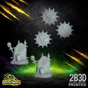 Alt Text: Two high-detail resin game markers for fantasy football: one featuring an ornate coffin design and the other a stitched brain, sculpted by BruteFun Miniatures and printed by 2B3D.