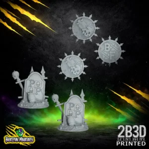 Two high-detail resin game markers for fantasy football: one featuring a detailed coffin and the other showcasing skeletal hands reaching upward, printed by 2B3D.