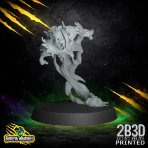 A 32mm high-detail resin Wraith miniature for fantasy football, featuring a terrifying ethereal form with tattered robes and skeletal hands reaching forward, sculpted by BruteFun Miniatures and printed by 2B3D.