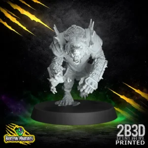 A 32mm high-detail resin Werewolf miniature for fantasy football, featuring a dynamic lunging pose with massive claws and shredded athletic gear, sculpted by BruteFun Miniatures and printed by 2B3D.