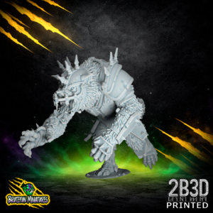 A 32mm resin Werewolf miniature in a helmeted variation, featuring a reinforced metal cage mask, spiked shoulder pads, and a dynamic leaping stance, sculpted by BruteFun Miniatures and printed by 2B3D.