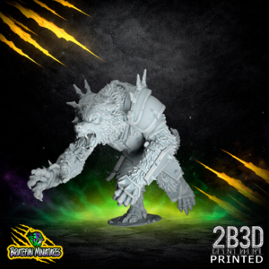 A 32mm high-detail resin Werewolf miniature without a helmet, showing a snarling lupine face with detailed fur and fangs, sculpted by BruteFun Miniatures and printed by 2B3D.