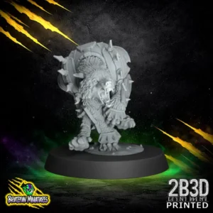A 32mm high-detail resin Werewolf miniature for fantasy football, featuring a low crouched stance with one hand on the ground and sharp claws extended, sculpted by BruteFun Miniatures and printed by 2B3D.