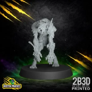 A 32mm high-detail resin Zombie miniature in a hunched, shambling pose with exposed ribs and a spiked shoulder pad, sculpted by BruteFun Miniatures and printed by 2B3D for fantasy football.