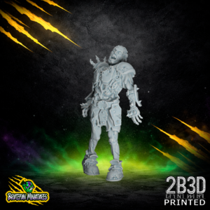 A 32mm high-detail resin Zombie miniature for fantasy football, featuring a shambling pose and aggressive facial features, sculpted by BruteFun Miniatures and printed by 2B3D.