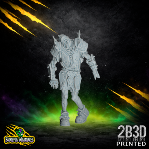 A 32mm high-detail resin Zombie miniature with Human features, showing a decaying face and stocky build, sculpted by BruteFun Miniatures and printed by 2B3D for fantasy football.