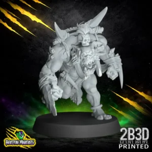 A dynamic 32mm scale resin miniature of a Savage Orc Blitzer by BruteFun Miniatures, professionally printed by 2B3D. The muscular orc is in a running pose, wearing a massive bone trophy on its back and a skull-adorned headpiece.