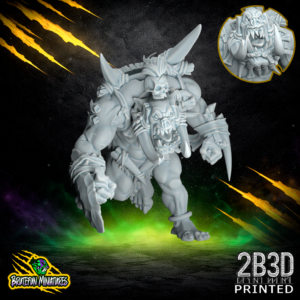 High-detail 32mm resin Savage Orc Blitzer miniature from BruteFun Miniatures with a Drool effect variation, featuring a detailed snarling face and tribal trophies, printed by 2B3D.