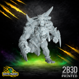 32mm scale resin Savage Orc Blitzer miniature by BruteFun Miniatures, No Drool variation. The sculpt shows a muscular orc with stone arm guards and bone trophies, printed by 2B3D.