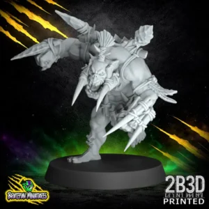 A dynamic 32mm scale resin miniature of Savage Orc Blitzer 02 by BruteFun Miniatures, professionally printed by 2B3D. The muscular orc is in a low charging pose with stone-blade gauntlets and bone trophies on its back.