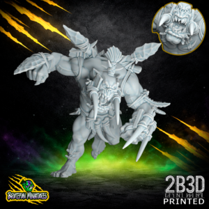 High-detail 32mm resin Savage Orc Blitzer 02 miniature from BruteFun Miniatures with Drool and Tusks variation, featuring large cheek tusks and dynamic sprint pose, printed by 2B3D.