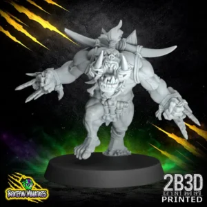 A dynamic 32mm scale resin miniature of Savage Orc Blitzer 03 by BruteFun Miniatures, professionally printed by 2B3D. The muscular orc is in an aggressive mid-lunge pose with bone armor and stone-edged gauntlets.