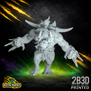 High-detail 32mm resin Savage Orc Blitzer 03 miniature from BruteFun Miniatures, No Drool with Tusks variation. The orc features large cheek tusks and a dynamic attacking pose, printed by 2B3D.