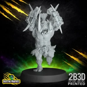 A dynamic 32mm scale resin miniature of Savage Orc Blitzer 04 by BruteFun Miniatures, professionally printed by 2B3D. The muscular orc is captured in a powerful running pose with bone trophies and stone-edged armor.