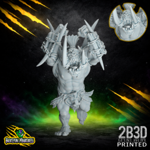 High-detail 32mm resin Savage Orc Blitzer 04 miniature from BruteFun Miniatures with Drool, Tusks, and Plate variation, printed by 2B3D.