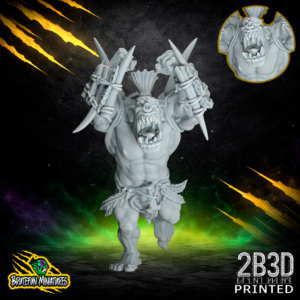 High-detail 32mm resin Savage Orc Blitzer 04 miniature by BruteFun Miniatures, No Drool and No Tusks with Plate variation, printed by 2B3D.