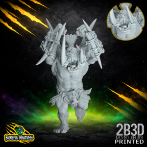 High-detail 32mm resin Savage Orc Blitzer 04 miniature from BruteFun Miniatures, No Drool with Tusks and Plate variation, printed by 2B3D.